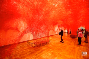 Installation d'art immersif de Chiharu Shiota au MBAM montrant un réseau dense de fils rouges tissés du sol au plafond.