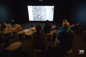 Écran de projection vidéo montrant une performance historique de l'artiste Chiharu Shiota.